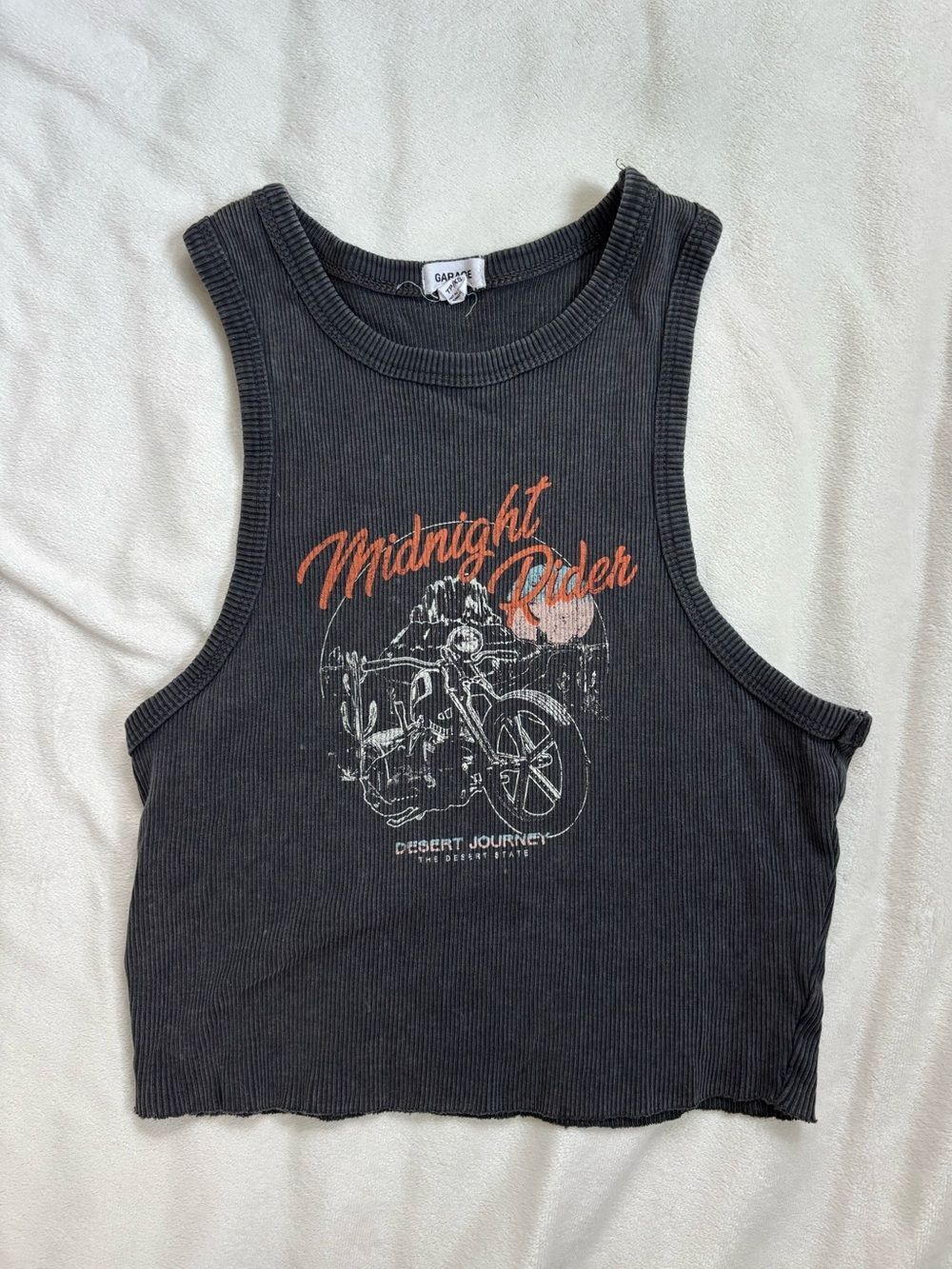 Garage Black Ribbed 'Midnight Rider' Graphic Cropped Cut Off Tank
